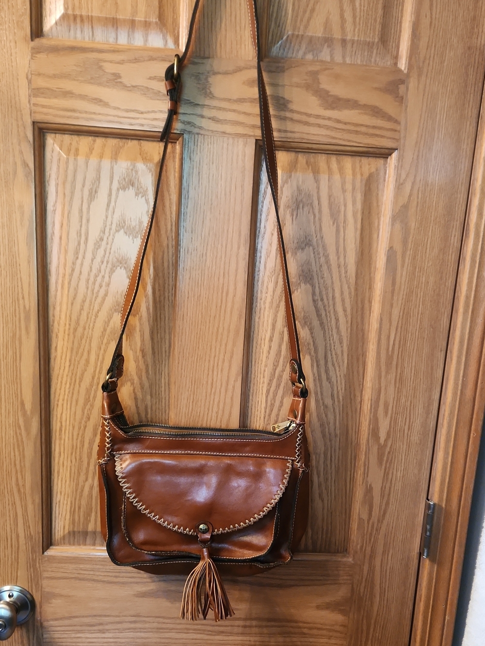Patricia Nash Classic Brown Leather Crossbody Bag with Tassel